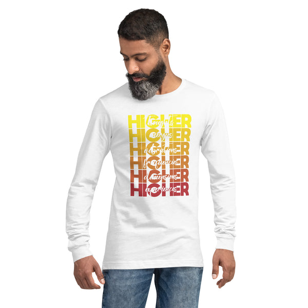 "Higher" Unisex Long Sleeve Tee (White) | Yellow/Burgundy