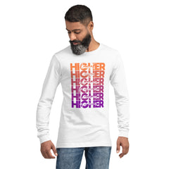 "Higher" Unisex Long Sleeve Tee (White) | Orange/Purple