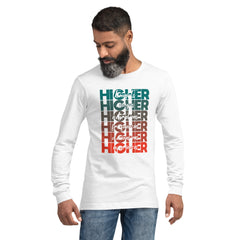 "Higher" Unisex Long Sleeve Tee (White) | Turquoise/Orange