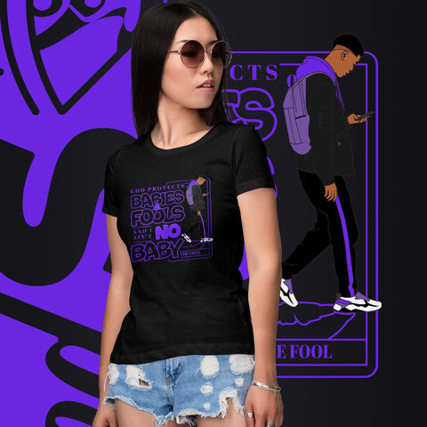 "God Protects Fools" Ladies T-Shirt (Man Version) | Purple