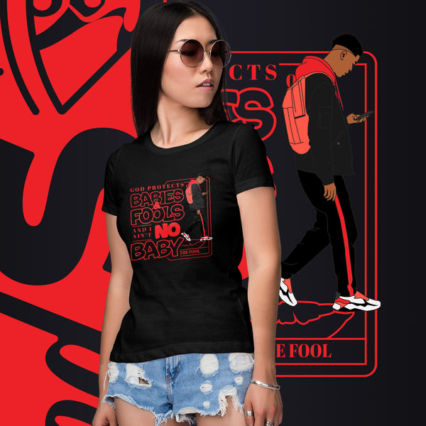 "God Protects Fools" Ladies T-Shirt (Man Version) | Red