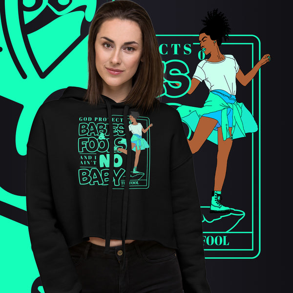 "God Protects Fools" Crop Hoodie (Woman Version) | Cyan