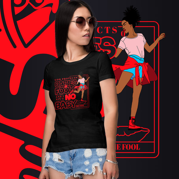 "God Protects Fools" Ladies T-Shirt (Woman Version) | Red