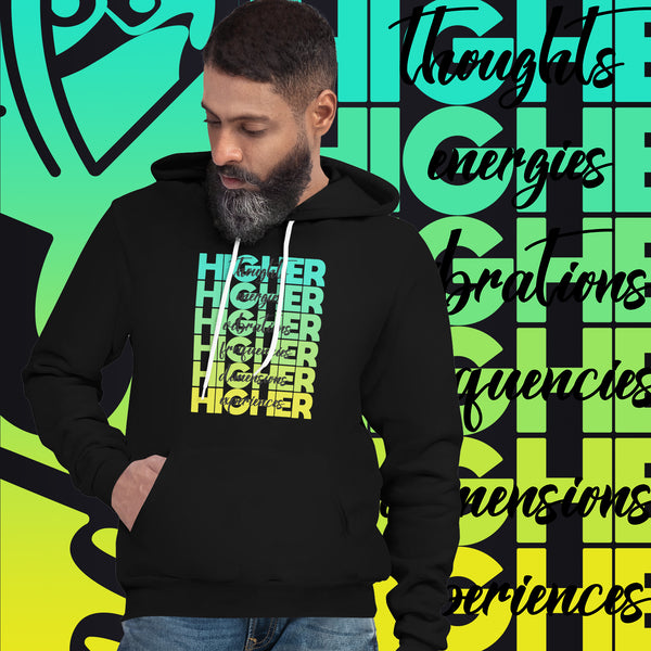 "Higher" Unisex Hoodie (Black) | Cyan/Yellow