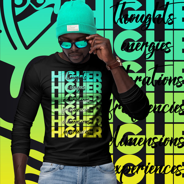 "Higher" Unisex Long Sleeve Tee (Black) | Cyan/Yellow