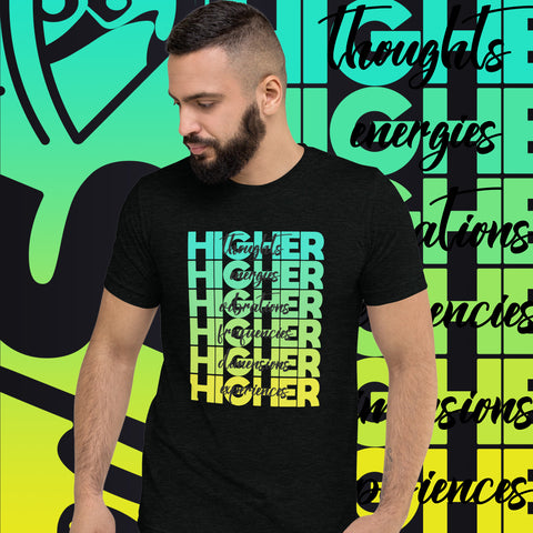 "Higher" Unisex T-Shirt (White) | Cyan/Yellow