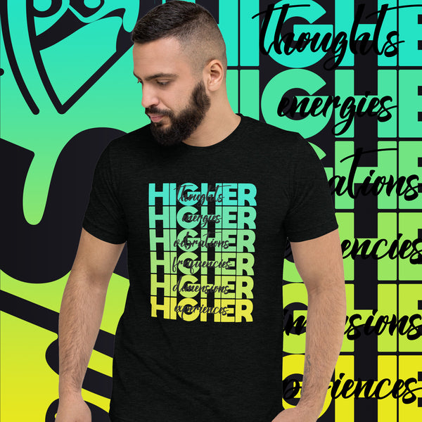 "Higher" Unisex T-Shirt (Black) | Cyan/Yellow