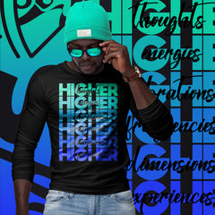 "Higher" Unisex Long Sleeve Tee (Black) | Turquoise/Blue