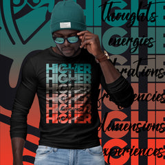 "Higher" Unisex Long Sleeve Tee (Black) | Turquoise/Orange