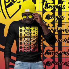 "Higher" Unisex Long Sleeve Tee (Black) | Yellow/Burgundy