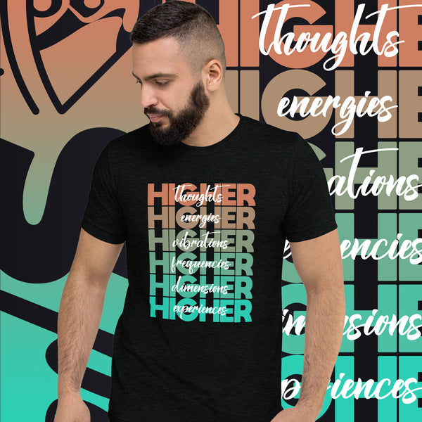 "Higher" Unisex T-Shirt (White) | Beige/Cyan