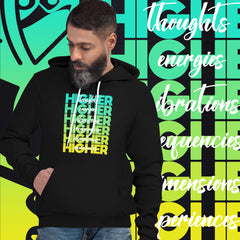 "Higher" Unisex Hoodie (White) | Cyan/Yellow