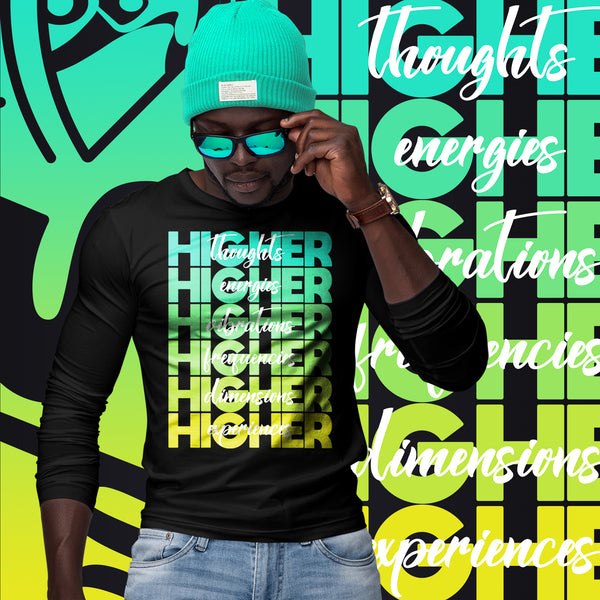 "Higher" Unisex Long Sleeve Tee (White) | Cyan/Yellow