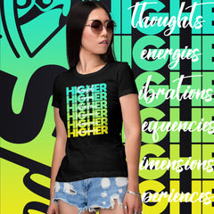 "Higher" Ladies T-Shirt (White) | Cyan/Yellow