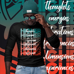 "Higher" Unisex Long Sleeve Tee (White) | Turquoise/Orange