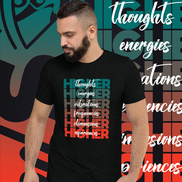 "Higher" Unisex T-Shirt (White) | Turquoise/Orange