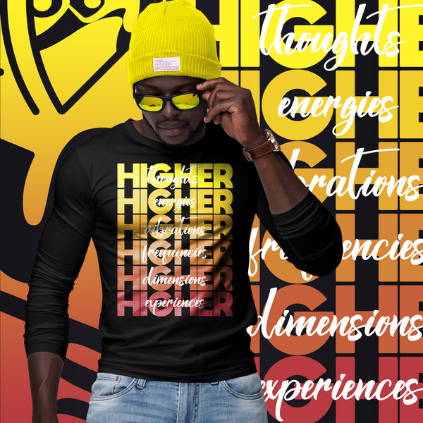 "Higher" Unisex Long Sleeve Tee (White) | Yellow/Burgundy