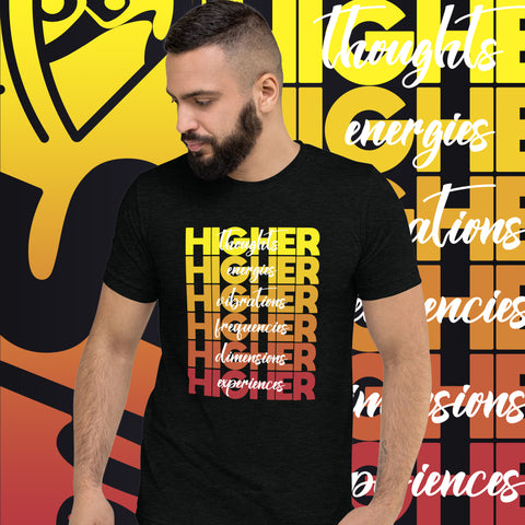 "Higher" Unisex T-Shirt (White) | Yellow/Burgundy