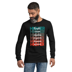 "Higher" Unisex Long Sleeve Tee (White) | Turquoise/Orange