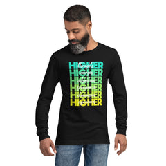 "Higher" Unisex Long Sleeve Tee (White) | Cyan/Yellow