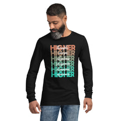 "Higher" Unisex Long Sleeve Tee (White) | Beige/Cyan