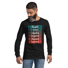 "Higher" Unisex Long Sleeve Tee (White) | Turquoise/Orange
