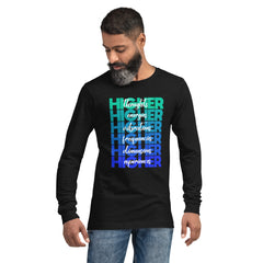 "Higher" Unisex Long Sleeve Tee (White) | Turquoise/Blue