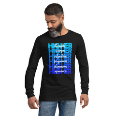 "Higher" Unisex Long Sleeve Tee (White) | Blue