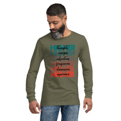 "Higher" Unisex Long Sleeve Tee (Black) | Turquoise/Orange