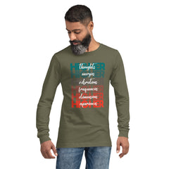 "Higher" Unisex Long Sleeve Tee (White) | Turquoise/Orange