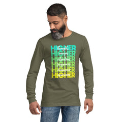 "Higher" Unisex Long Sleeve Tee (White) | Cyan/Yellow