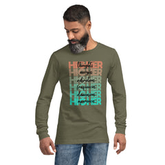 "Higher" Unisex Long Sleeve Tee (Black) | Beige/Cyan