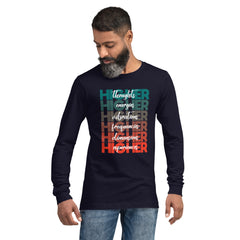 "Higher" Unisex Long Sleeve Tee (White) | Turquoise/Orange