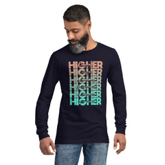 "Higher" Unisex Long Sleeve Tee (Black) | Beige/Cyan