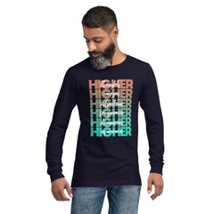 "Higher" Unisex Long Sleeve Tee (White) | Beige/Cyan