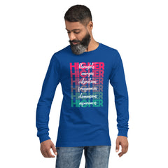 "Higher" Unisex Long Sleeve Tee (White) | Pink/Turquoise
