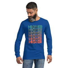 "Higher" Unisex Long Sleeve Tee (Black) | Turquoise/Orange