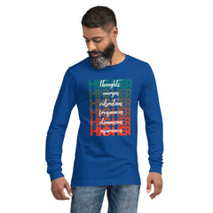 "Higher" Unisex Long Sleeve Tee (White) | Turquoise/Orange