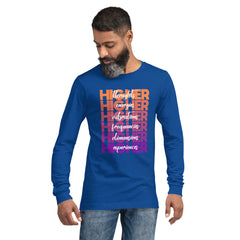 "Higher" Unisex Long Sleeve Tee (White) | Orange/Purple