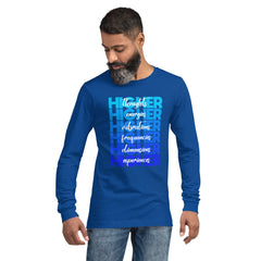 "Higher" Unisex Long Sleeve Tee (White) | Blue