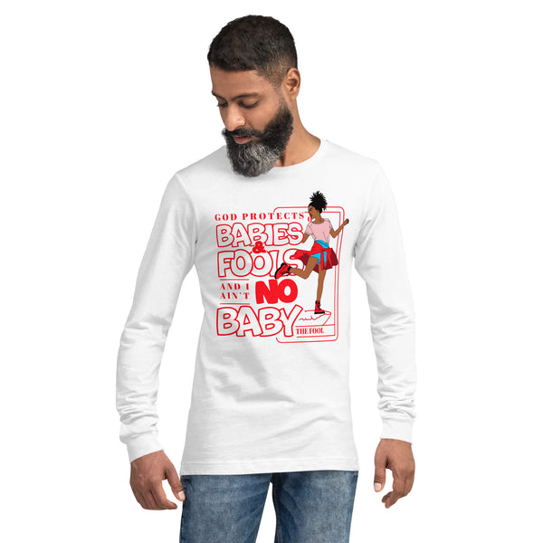 "God Protects Fools" Unisex Long Sleeve Tee (Woman Version) | Red