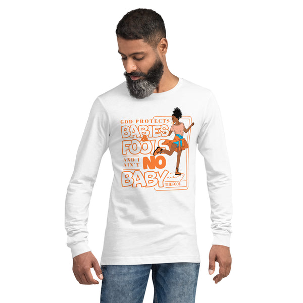 "God Protects Fools" Unisex Long Sleeve Tee (Woman Version) | Orange