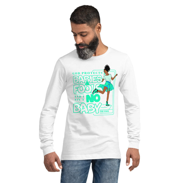 "God Protects Fools" Unisex Long Sleeve Tee (Woman Version) | Cyan