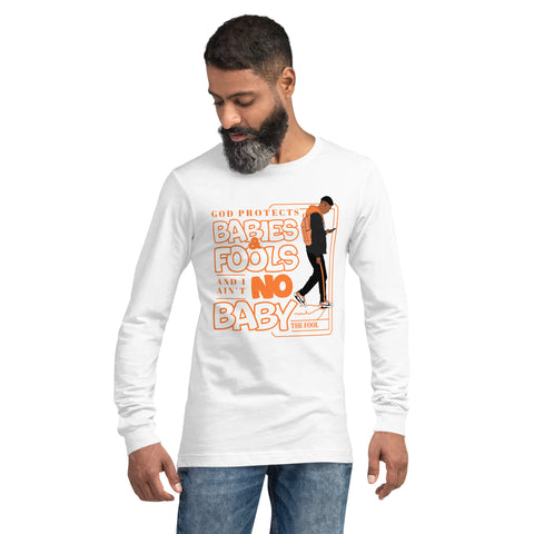 "God Protects Fools" Unisex Long Sleeve Tee (Man Version) | Orange