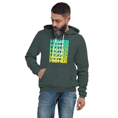 "Higher" Unisex Hoodie (White) | Cyan/Yellow