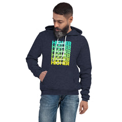 "Higher" Unisex Hoodie (White) | Cyan/Yellow