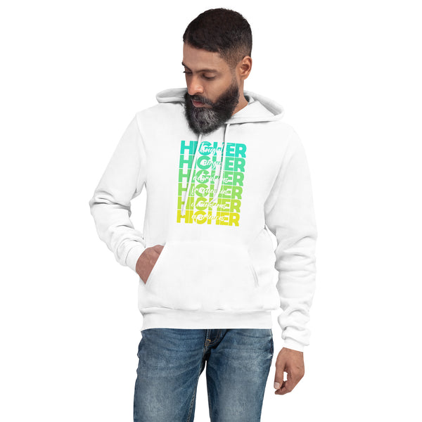 "Higher" Unisex Hoodie (White) | Cyan/Yellow