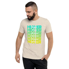 "Higher" Unisex T-Shirt (White) | Cyan/Yellow