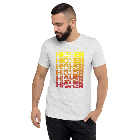 "Higher" Unisex T-Shirt (White) | Yellow/Burgundy