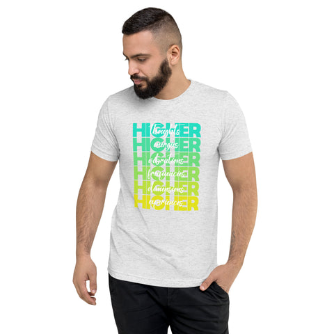 "Higher" Unisex T-Shirt (White) | Cyan/Yellow